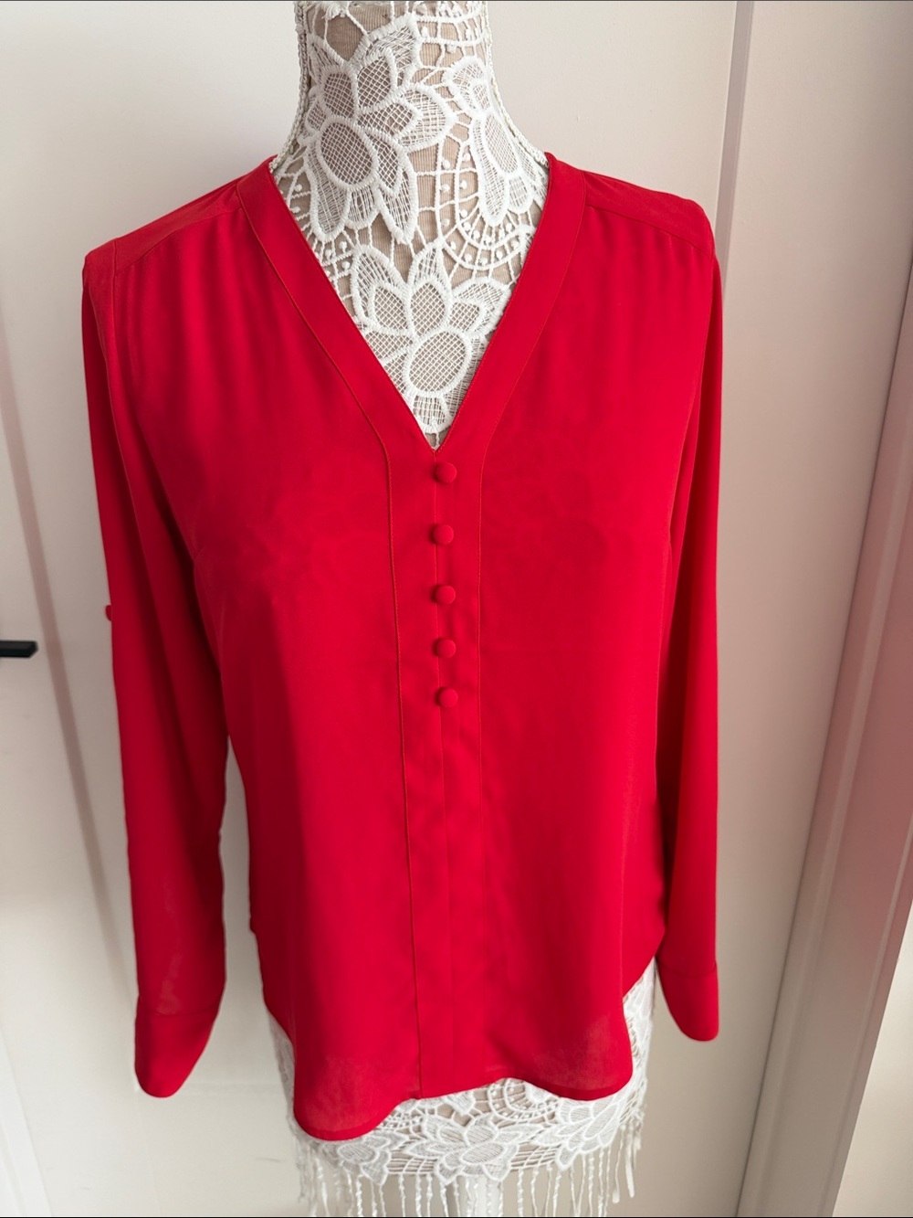 Express Red V-Neck Button-Front Long Sleeve Blouse